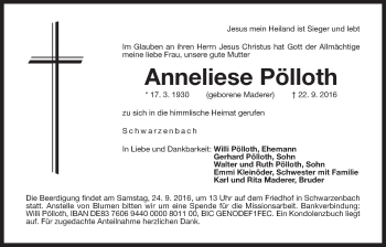 Traueranzeige von Anneliese Pölloth von Der Bote