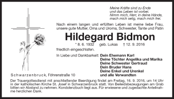 Traueranzeige von Hildegard Bidmon von Der Bote