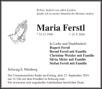 Traueranzeige von Maria Ferstl von Pegnitz-Zeitung