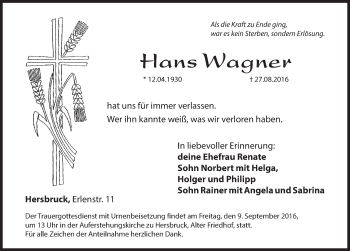 Traueranzeige von Hans Wagner von Hersbrucker Zeitung