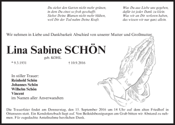 Traueranzeige von Lina Sabine Schön von Pegnitz-Zeitung