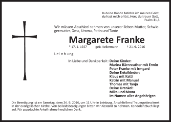 Traueranzeige von Margarete Franke von Der Bote