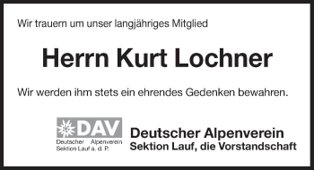 Traueranzeige von Kurt Lochner von Pegnitz-Zeitung