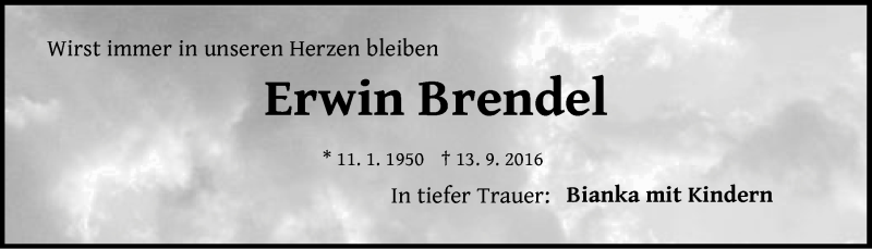  Traueranzeige für Erwin Brendel vom 19.09.2016 aus Pegnitz-Zeitung