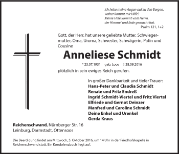 Traueranzeige von Anneliese Schmidt von Hersbrucker Zeitung