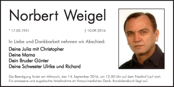 Traueranzeige von Norbert Weigel von Pegnitz-Zeitung