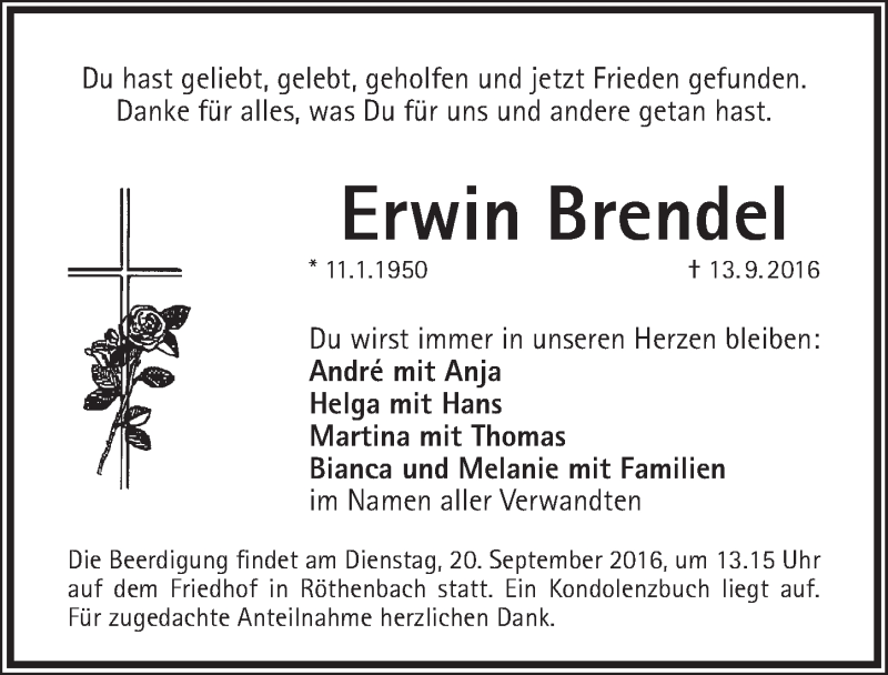  Traueranzeige für Erwin Brendel vom 17.09.2016 aus Pegnitz-Zeitung