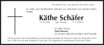Traueranzeige von Käthe Schäfer von N-Land