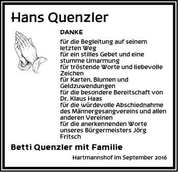 Traueranzeige von Hans Quenzler von N-Land
