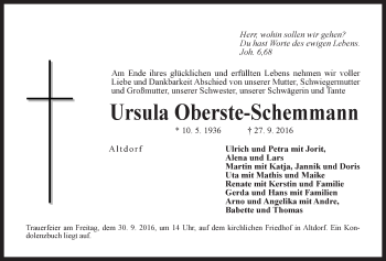 Traueranzeige von Ursula Oberste-Schemmann von Der Bote