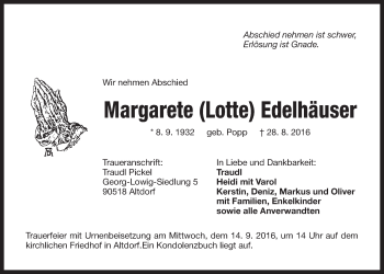 Traueranzeige von Margarete Lotte Edelhäuser von Der Bote