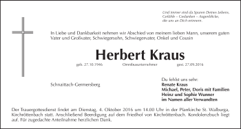 Traueranzeige von Herbert Kraus von Pegnitz-Zeitung