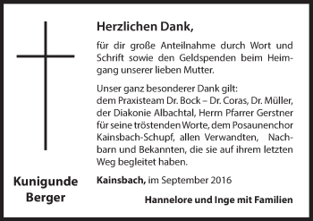 Traueranzeige von Kunigunde Berger von Hersbrucker Zeitung