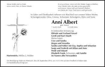 Traueranzeige von Anni Albert von Hersbrucker Zeitung