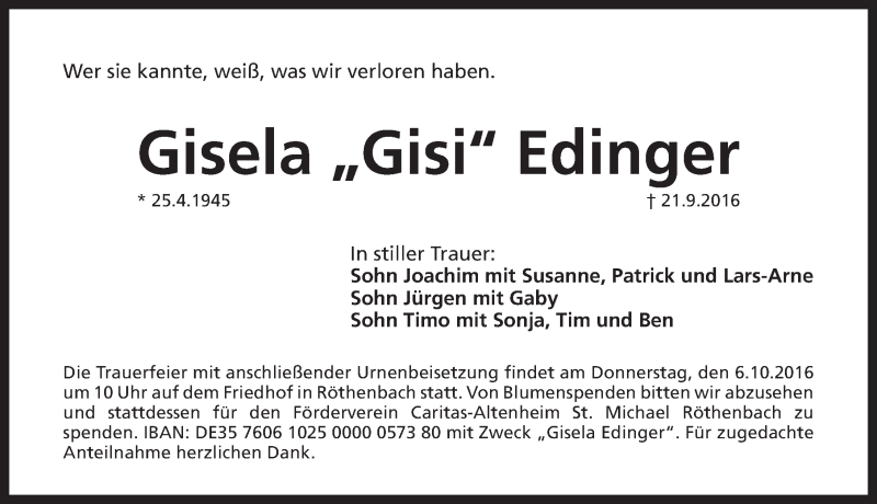  Traueranzeige für Gisela  Edinger vom 01.10.2016 aus Pegnitz-Zeitung