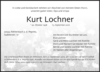 Traueranzeige von Kurt Lochner von Pegnitz-Zeitung