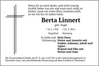 Traueranzeige von Berta Linnert von Hersbrucker Zeitung