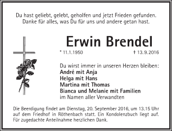 Traueranzeige von Erwin Brendel von Pegnitz-Zeitung