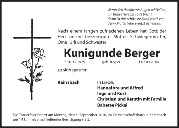 Traueranzeige von Kunigunde Berger von Hersbrucker Zeitung