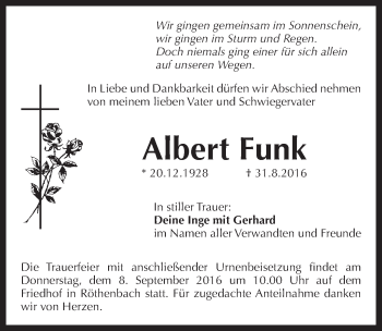 Traueranzeige von Albert Funk von Pegnitz-Zeitung