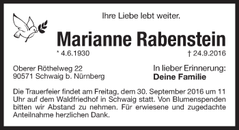 Traueranzeige von Marianne Rabenstein von Pegnitz-Zeitung