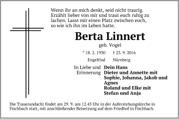 Traueranzeige von Berta Linnert von Der Bote