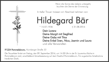 Traueranzeige von Hildegard Bär von Hersbrucker Zeitung