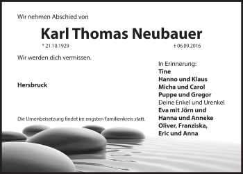 Traueranzeige von Karl Thomas Neubauer von Hersbrucker Zeitung