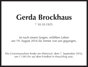 Traueranzeige von Gerda Brockhaus von Pegnitz-Zeitung