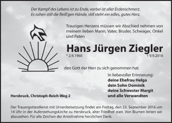 Traueranzeige von Hans Jürgen Ziegler von Hersbrucker Zeitung