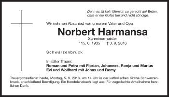Traueranzeige von Norbert Harmansa von Der Bote