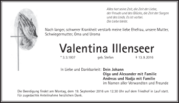 Traueranzeige von Valentina Illenseer von Pegnitz-Zeitung