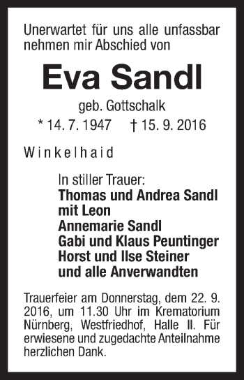 Traueranzeige von Eva Sandl von Der Bote