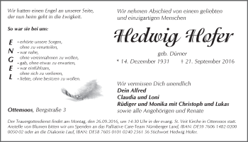 Traueranzeige von Hedwig Hofer von N-Land
