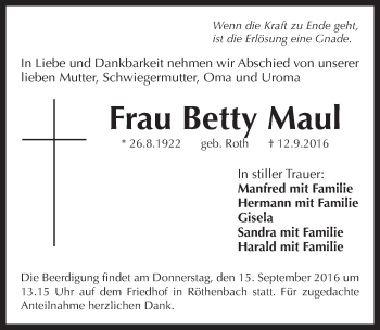 Traueranzeige von Betty Maul von Pegnitz-Zeitung