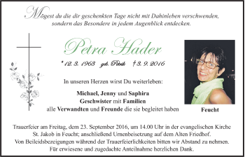 Traueranzeige von Petra Hader von Der Bote