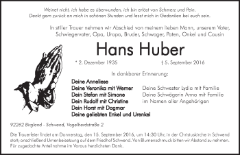 Traueranzeige von Hans Huber von Hersbrucker Zeitung