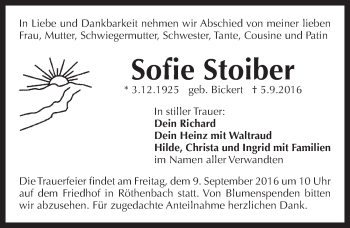 Traueranzeige von Sofie Stoiber von Pegnitz-Zeitung