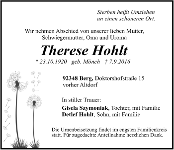Traueranzeige von Therese Hohlt von Der Bote