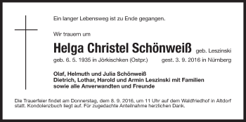 Traueranzeige von Helga Christel Schönweiß von Der Bote