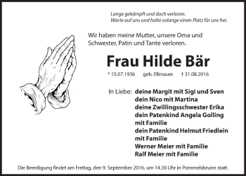 Traueranzeige von Hilde Bär von Hersbrucker Zeitung