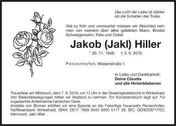 Traueranzeige von Jakob Hiller von Der Bote