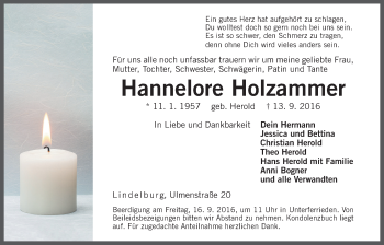 Traueranzeige von Hannelore Holzammer von Der Bote