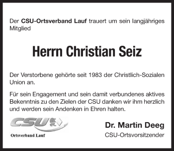 Traueranzeige von Christian Seiz von Pegnitz-Zeitung