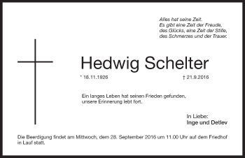 Traueranzeige von Hedwig Schelter von N-Land