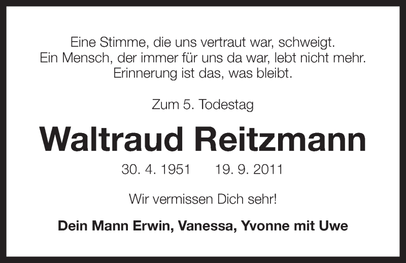  Traueranzeige für Waltraud Reitzmann vom 19.09.2016 aus Der Bote