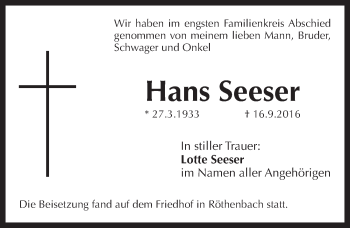 Traueranzeige von Hans Seeser von Pegnitz-Zeitung