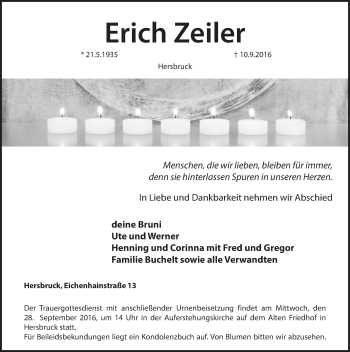 Traueranzeige von Erich Zeiler von N-Land
