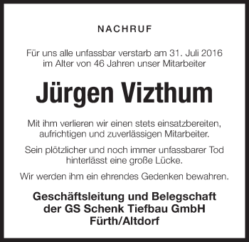 Traueranzeige von Jürgen Vizthum von Der Bote