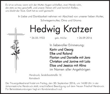 Traueranzeige von Hedwig Kratzer von Hersbrucker Zeitung